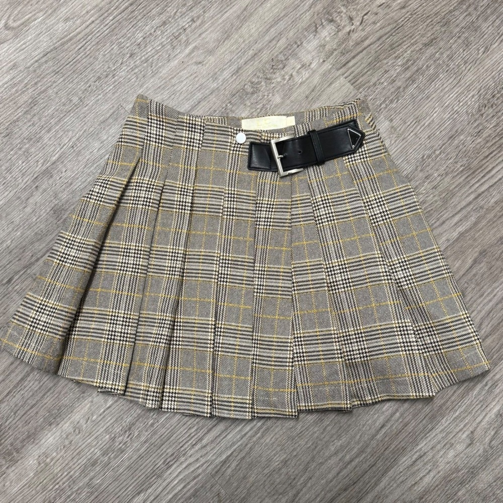 Plaid Pleated Mini Skirt Grey Yellow Belted Size Small School Peppy Lizette